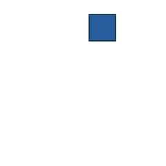 blue square at grid (3, 1), size 3, quarter-turn orientation 3, filled, no dot. Grid coordinates describe a four-by-four tile; editorial descriptions are not validated accommodations.