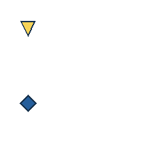 yellow triangle at grid (1, 1), size 1, quarter-turn orientation 2, filled, no dot; blue diamond at grid (1, 3), size 1, quarter-turn orientation 2, filled, no dot. Grid coordinates describe a four-by-four tile; editorial descriptions are not validated accommodations.