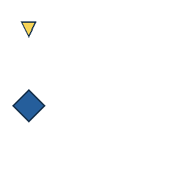 yellow triangle at grid (1, 1), size 1, quarter-turn orientation 2, filled, no dot; blue diamond at grid (1, 3), size 3, quarter-turn orientation 2, filled, no dot. Grid coordinates describe a four-by-four tile; editorial descriptions are not validated accommodations.