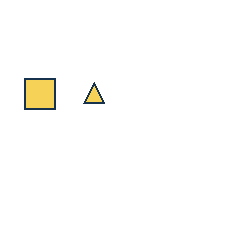 yellow square at grid (1, 2), size 2, quarter-turn orientation 3, filled, no dot; yellow triangle at grid (2, 2), size 1, quarter-turn orientation 0, filled, no dot. Grid coordinates describe a four-by-four tile; editorial descriptions are not validated accommodations.