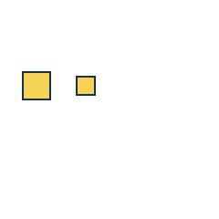 yellow square at grid (1, 2), size 2, quarter-turn orientation 3, filled, no dot; yellow square at grid (2, 2), size 1, quarter-turn orientation 0, filled, no dot. Grid coordinates describe a four-by-four tile; editorial descriptions are not validated accommodations.