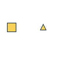 yellow square at grid (1, 2), size 2, quarter-turn orientation 3, filled, no dot; yellow triangle at grid (3, 2), size 1, quarter-turn orientation 0, filled, no dot. Grid coordinates describe a four-by-four tile; editorial descriptions are not validated accommodations.