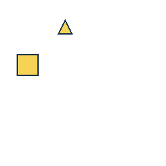 yellow triangle at grid (2, 1), size 1, quarter-turn orientation 0, filled, no dot; yellow square at grid (1, 2), size 2, quarter-turn orientation 3, filled, no dot. Grid coordinates describe a four-by-four tile; editorial descriptions are not validated accommodations.