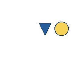 blue triangle at grid (3, 2), size 3, quarter-turn orientation 2, filled, no dot; yellow circle at grid (4, 2), size 3, quarter-turn orientation 1, filled, no dot. Grid coordinates describe a four-by-four tile; editorial descriptions are not validated accommodations.