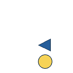 blue triangle at grid (3, 3), size 3, quarter-turn orientation 3, filled, no dot; yellow circle at grid (3, 4), size 3, quarter-turn orientation 2, filled, no dot. Grid coordinates describe a four-by-four tile; editorial descriptions are not validated accommodations.