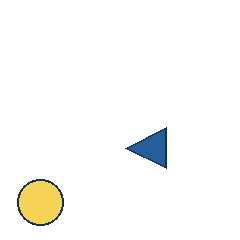 blue triangle at grid (3, 3), size 3, quarter-turn orientation 3, filled, no dot; yellow circle at grid (1, 4), size 3, quarter-turn orientation 2, filled, no dot. Grid coordinates describe a four-by-four tile; editorial descriptions are not validated accommodations.