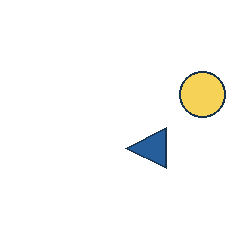 yellow circle at grid (4, 2), size 3, quarter-turn orientation 1, filled, no dot; blue triangle at grid (3, 3), size 3, quarter-turn orientation 3, filled, no dot. Grid coordinates describe a four-by-four tile; editorial descriptions are not validated accommodations.