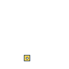 yellow square at grid (2, 4), size 1, quarter-turn orientation 2, filled, center dot. Grid coordinates describe a four-by-four tile; editorial descriptions are not validated accommodations.