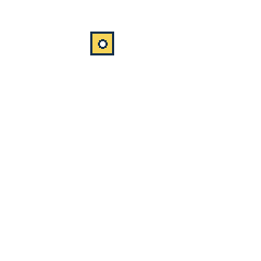 yellow square at grid (2, 1), size 1, quarter-turn orientation 2, filled, center dot. Grid coordinates describe a four-by-four tile; editorial descriptions are not validated accommodations.