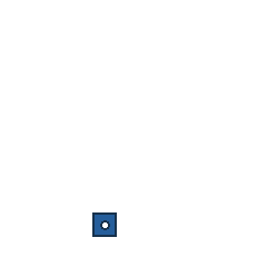 blue square at grid (2, 4), size 1, quarter-turn orientation 2, filled, center dot. Grid coordinates describe a four-by-four tile; editorial descriptions are not validated accommodations.