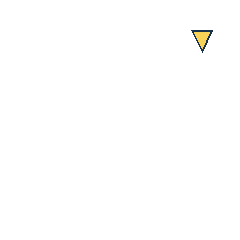yellow triangle at grid (4, 1), size 1, quarter-turn orientation 2, filled, no dot. Grid coordinates describe a four-by-four tile; editorial descriptions are not validated accommodations.