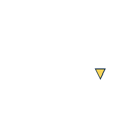 yellow triangle at grid (4, 3), size 1, quarter-turn orientation 2, filled, no dot. Grid coordinates describe a four-by-four tile; editorial descriptions are not validated accommodations.
