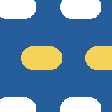 Square pattern piece. Edge positions run from 0 to 159. top edge: white 0–48, blue 49–88, white 89–141, blue 142–159; bottom edge: white 0–51, blue 52–85, white 86–144, blue 145–159; left edge: white 0–23, blue 24–141, white 142–159; right edge: blue 0–65, yellow 66–99, blue 100–159.