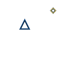 yellow diamond at grid (4, 1), size 1, quarter-turn orientation 1, outline, no dot; blue triangle at grid (2, 2), size 3, quarter-turn orientation 0, outline, no dot. Grid coordinates describe a four-by-four tile; editorial descriptions are not validated accommodations.