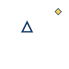 yellow diamond at grid (4, 1), size 1, quarter-turn orientation 1, filled, no dot; blue triangle at grid (2, 2), size 3, quarter-turn orientation 0, outline, no dot. Grid coordinates describe a four-by-four tile; editorial descriptions are not validated accommodations.