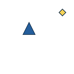 yellow diamond at grid (4, 1), size 1, quarter-turn orientation 1, filled, no dot; blue triangle at grid (2, 2), size 3, quarter-turn orientation 0, filled, no dot. Grid coordinates describe a four-by-four tile; editorial descriptions are not validated accommodations.