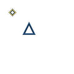 yellow diamond at grid (1, 1), size 1, quarter-turn orientation 1, outline, no dot; blue triangle at grid (2, 2), size 3, quarter-turn orientation 0, outline, no dot. Grid coordinates describe a four-by-four tile; editorial descriptions are not validated accommodations.