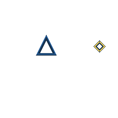 blue triangle at grid (2, 2), size 3, quarter-turn orientation 0, outline, no dot; yellow diamond at grid (4, 2), size 1, quarter-turn orientation 1, outline, no dot. Grid coordinates describe a four-by-four tile; editorial descriptions are not validated accommodations.