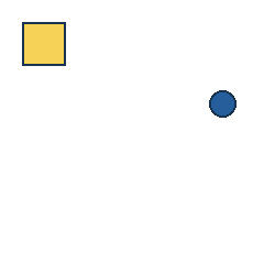yellow square at grid (1, 1), size 3, quarter-turn orientation 3, filled, no dot; blue circle at grid (4, 2), size 1, quarter-turn orientation 1, filled, no dot. Grid coordinates describe a four-by-four tile; editorial descriptions are not validated accommodations.