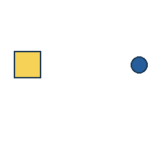 yellow square at grid (1, 2), size 3, quarter-turn orientation 3, filled, no dot; blue circle at grid (4, 2), size 1, quarter-turn orientation 1, filled, no dot. Grid coordinates describe a four-by-four tile; editorial descriptions are not validated accommodations.