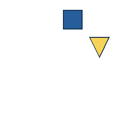 blue square at grid (3, 1), size 3, quarter-turn orientation 1, filled, no dot; yellow triangle at grid (4, 2), size 3, quarter-turn orientation 2, filled, no dot. Grid coordinates describe a four-by-four tile; editorial descriptions are not validated accommodations.