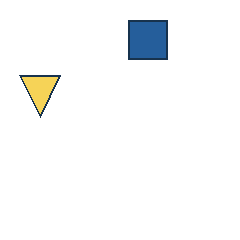 blue square at grid (3, 1), size 3, quarter-turn orientation 1, filled, no dot; yellow triangle at grid (1, 2), size 3, quarter-turn orientation 2, filled, no dot. Grid coordinates describe a four-by-four tile; editorial descriptions are not validated accommodations.
