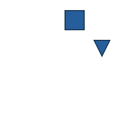blue square at grid (3, 1), size 3, quarter-turn orientation 1, filled, no dot; blue triangle at grid (4, 2), size 2, quarter-turn orientation 2, filled, no dot. Grid coordinates describe a four-by-four tile; editorial descriptions are not validated accommodations.