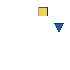 yellow square at grid (3, 1), size 2, quarter-turn orientation 1, filled, no dot; blue triangle at grid (4, 2), size 2, quarter-turn orientation 2, filled, no dot. Grid coordinates describe a four-by-four tile; editorial descriptions are not validated accommodations.