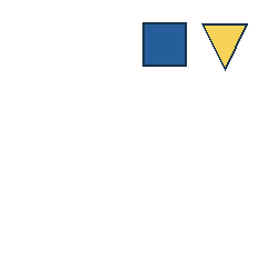 blue square at grid (3, 1), size 3, quarter-turn orientation 1, filled, no dot; yellow triangle at grid (4, 1), size 3, quarter-turn orientation 2, filled, no dot. Grid coordinates describe a four-by-four tile; editorial descriptions are not validated accommodations.