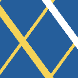 Square pattern piece. Edge positions run from 0 to 159. top edge: yellow 0–2, blue 3–85, white 86–103, blue 104–104, yellow 105–112, blue 113–159; bottom edge: blue 0–91, yellow 92–109, blue 110–159; left edge: yellow 0–3, blue 4–9, yellow 10–33, blue 34–142, yellow 143–153, blue 154–159; right edge: blue 0–75, yellow 76–76, white 77–100, blue 101–159.