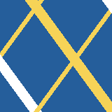 Square pattern piece. Edge positions run from 0 to 159. top edge: blue 0–35, yellow 36–53, blue 54–54, yellow 55–62, blue 63–145, white 146–159; bottom edge: blue 0–41, white 42–47, yellow 48–55, white 56–59, blue 60–151, yellow 152–159; left edge: blue 0–74, yellow 75–77, white 78–101, blue 102–159; right edge: white 0–18, blue 19–144, yellow 145–159.