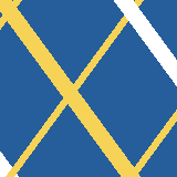 Square pattern piece. Edge positions run from 0 to 159. top edge: yellow 0–10, blue 11–11, yellow 12–19, blue 20–102, white 103–120, blue 121–121, yellow 122–129, blue 130–159; bottom edge: white 0–4, yellow 5–12, white 13–16, blue 17–108, yellow 109–126, blue 127–159; left edge: yellow 0–10, blue 11–15, yellow 16–26, blue 27–136, white 137–159; right edge: blue 0–53, white 54–77, blue 78–98, yellow 99–109, blue 110–159.