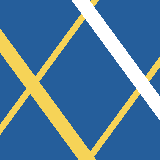 Square pattern piece. Edge positions run from 0 to 159. top edge: blue 0–71, white 72–89, blue 90–90, yellow 91–98, blue 99–159; bottom edge: blue 0–77, yellow 78–95, blue 96–159; left edge: blue 0–28, yellow 29–52, blue 53–123, yellow 124–134, blue 135–159; right edge: blue 0–56, yellow 57–67, blue 68–95, white 96–119, blue 120–159.