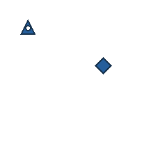 blue triangle at grid (1, 1), size 1, quarter-turn orientation 0, filled, center dot; blue diamond at grid (3, 2), size 1, quarter-turn orientation 2, filled, no dot. Grid coordinates describe a four-by-four tile; editorial descriptions are not validated accommodations.