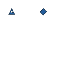 blue triangle at grid (1, 1), size 1, quarter-turn orientation 0, filled, center dot; blue diamond at grid (3, 1), size 1, quarter-turn orientation 2, filled, no dot. Grid coordinates describe a four-by-four tile; editorial descriptions are not validated accommodations.
