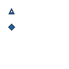 blue triangle at grid (1, 1), size 1, quarter-turn orientation 0, filled, center dot; blue diamond at grid (1, 2), size 1, quarter-turn orientation 2, filled, no dot. Grid coordinates describe a four-by-four tile; editorial descriptions are not validated accommodations.