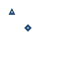 blue triangle at grid (1, 1), size 1, quarter-turn orientation 0, filled, center dot; blue diamond at grid (2, 2), size 1, quarter-turn orientation 2, filled, center dot. Grid coordinates describe a four-by-four tile; editorial descriptions are not validated accommodations.