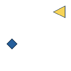 yellow triangle at grid (4, 1), size 3, quarter-turn orientation 3, filled, no dot; blue diamond at grid (1, 3), size 2, quarter-turn orientation 1, filled, no dot. Grid coordinates describe a four-by-four tile; editorial descriptions are not validated accommodations.