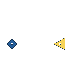 blue diamond at grid (1, 3), size 2, quarter-turn orientation 1, filled, center dot; yellow triangle at grid (4, 3), size 3, quarter-turn orientation 3, filled, center dot. Grid coordinates describe a four-by-four tile; editorial descriptions are not validated accommodations.