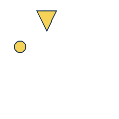yellow triangle at grid (2, 1), size 3, quarter-turn orientation 2, filled, no dot; yellow circle at grid (1, 2), size 1, quarter-turn orientation 2, filled, no dot. Grid coordinates describe a four-by-four tile; editorial descriptions are not validated accommodations.