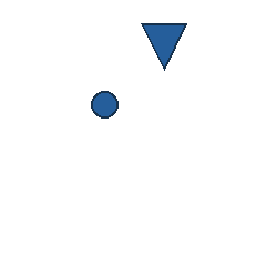 blue triangle at grid (3, 1), size 3, quarter-turn orientation 2, filled, no dot; blue circle at grid (2, 2), size 1, quarter-turn orientation 2, filled, no dot. Grid coordinates describe a four-by-four tile; editorial descriptions are not validated accommodations.
