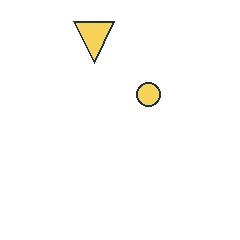 yellow triangle at grid (2, 1), size 3, quarter-turn orientation 2, filled, no dot; yellow circle at grid (3, 2), size 1, quarter-turn orientation 2, filled, no dot. Grid coordinates describe a four-by-four tile; editorial descriptions are not validated accommodations.