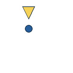 yellow triangle at grid (2, 1), size 3, quarter-turn orientation 2, filled, no dot; blue circle at grid (2, 2), size 1, quarter-turn orientation 2, filled, no dot. Grid coordinates describe a four-by-four tile; editorial descriptions are not validated accommodations.