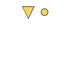 yellow triangle at grid (2, 1), size 3, quarter-turn orientation 2, filled, no dot; yellow circle at grid (3, 1), size 1, quarter-turn orientation 2, filled, no dot. Grid coordinates describe a four-by-four tile; editorial descriptions are not validated accommodations.