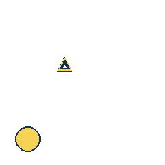 yellow triangle at grid (2, 2), size 1, quarter-turn orientation 0, outline, no dot; yellow circle at grid (1, 4), size 2, quarter-turn orientation 3, filled, no dot. Grid coordinates describe a four-by-four tile; editorial descriptions are not validated accommodations.