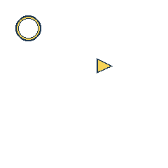 yellow circle at grid (1, 1), size 2, quarter-turn orientation 0, outline, no dot; yellow triangle at grid (3, 2), size 1, quarter-turn orientation 1, filled, no dot. Grid coordinates describe a four-by-four tile; editorial descriptions are not validated accommodations.