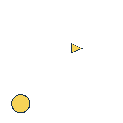 yellow triangle at grid (3, 2), size 1, quarter-turn orientation 1, filled, no dot; yellow circle at grid (1, 4), size 2, quarter-turn orientation 3, filled, no dot. Grid coordinates describe a four-by-four tile; editorial descriptions are not validated accommodations.