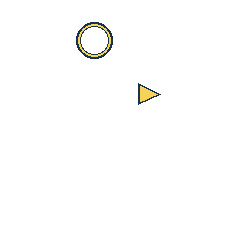 yellow circle at grid (2, 1), size 2, quarter-turn orientation 0, outline, no dot; yellow triangle at grid (3, 2), size 1, quarter-turn orientation 1, filled, no dot. Grid coordinates describe a four-by-four tile; editorial descriptions are not validated accommodations.