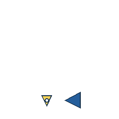 yellow triangle at grid (2, 4), size 1, quarter-turn orientation 2, filled, center dot; blue triangle at grid (3, 4), size 2, quarter-turn orientation 3, filled, no dot. Grid coordinates describe a four-by-four tile; editorial descriptions are not validated accommodations.