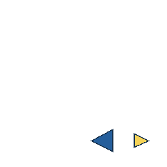 blue triangle at grid (3, 4), size 2, quarter-turn orientation 3, filled, no dot; yellow triangle at grid (4, 4), size 1, quarter-turn orientation 1, filled, no dot. Grid coordinates describe a four-by-four tile; editorial descriptions are not validated accommodations.